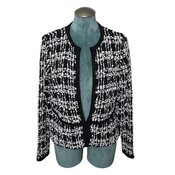 J.H. Collectibles Tweed Boucle Cardigan Sweater L Black White Acrylic Wool Blend - Picture 1 of 8